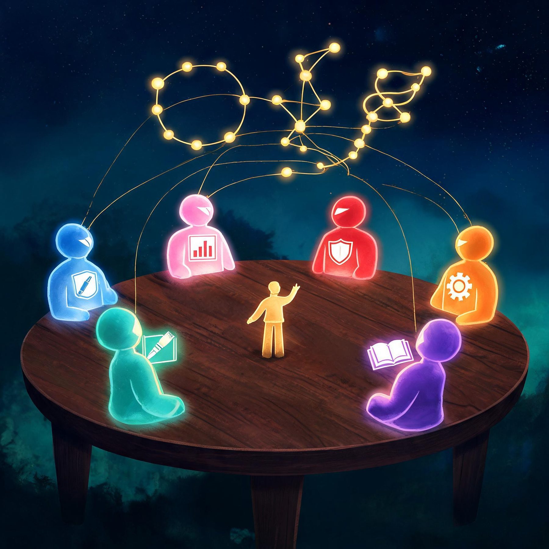Mesa redonda vista de cima com seis figuras luminosas e um pequeno regente ao centro; fios dourados sobem e formam um grafo de nós e arestas, um laço, uma árvore e uma hélice.