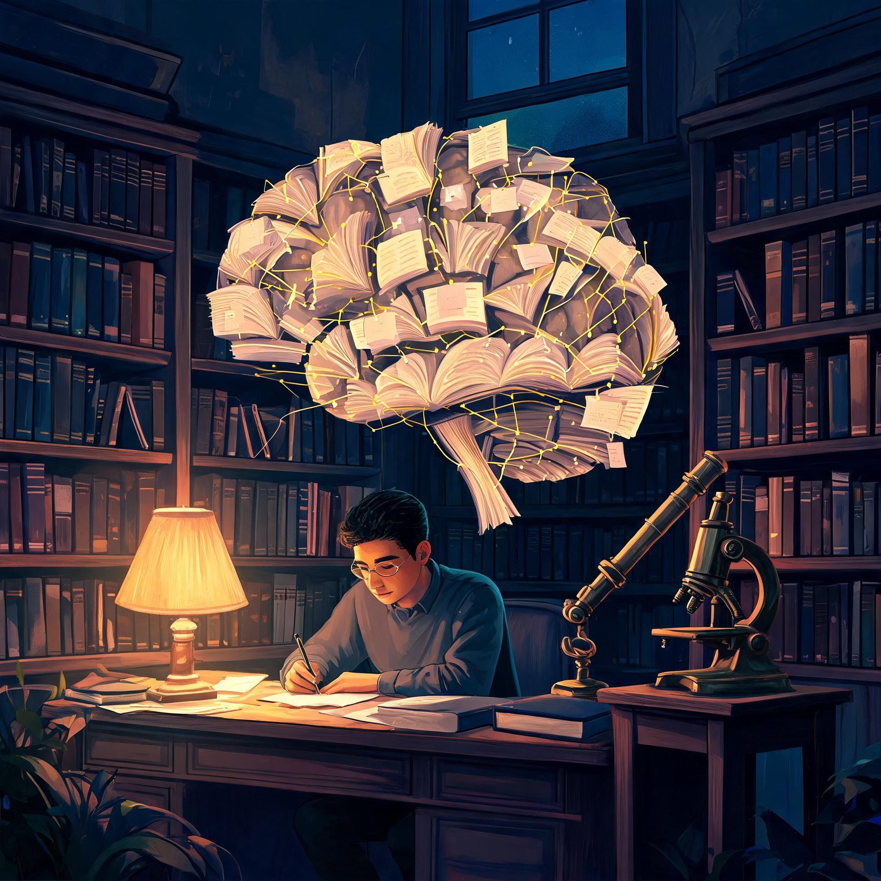 Biblioteca-ateliê à noite: uma pessoa escreve enquanto um grande cérebro feito de livros abertos e fichas flutua atrás, cada ficha ligada à fonte por um fio dourado; telescópio e microscópio na mesa lateral.