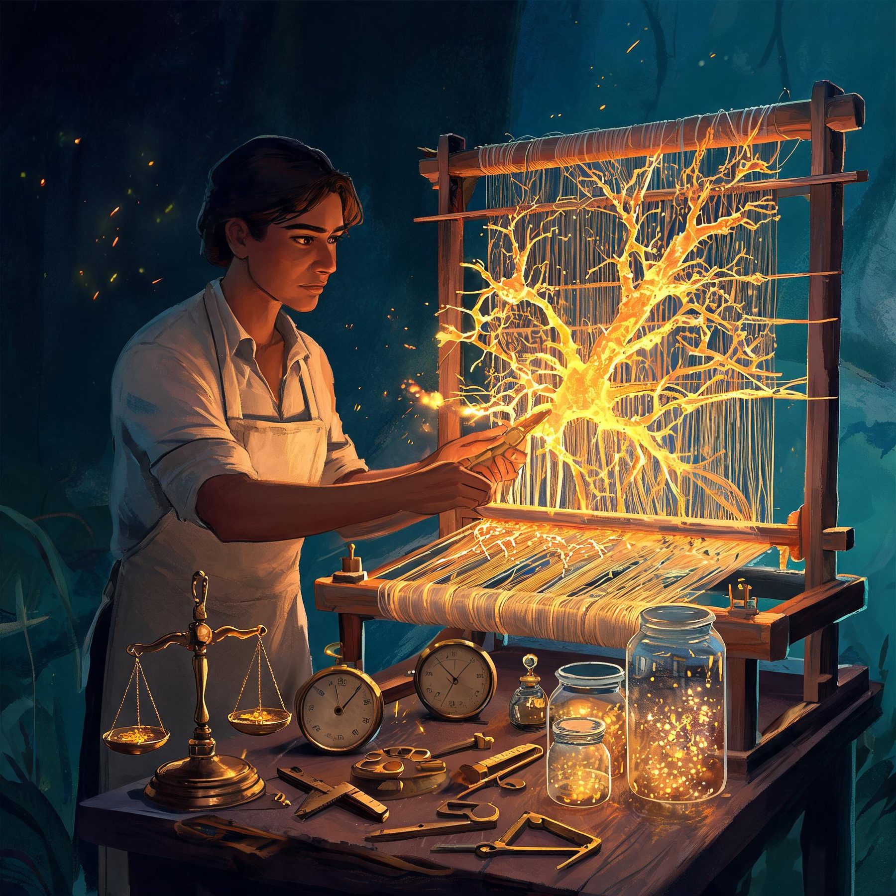 Oficina de luz: artesã cuida de um tear que tece um tecido neural âmbar; instrumentos de latão medem o tecido; vasos de vidro guardam partículas douradas em difusão.