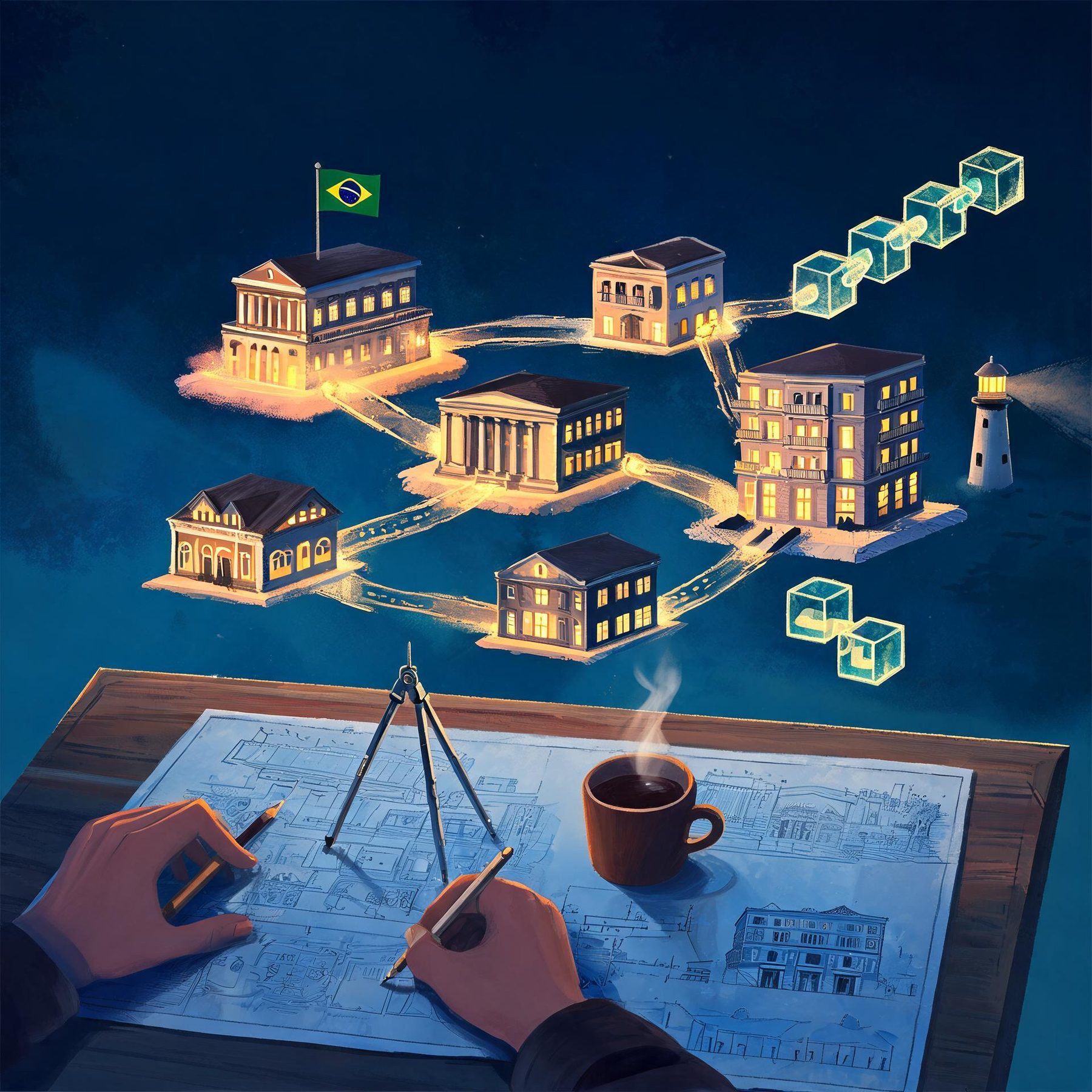 Mesa de arquiteto à noite com uma cidade em miniatura flutuando: fórum, clínica, banco, hotel, prefeitura e escola ligados por pontes âmbar; ao lado, uma corrente de blocos translúcidos e um pequeno farol.