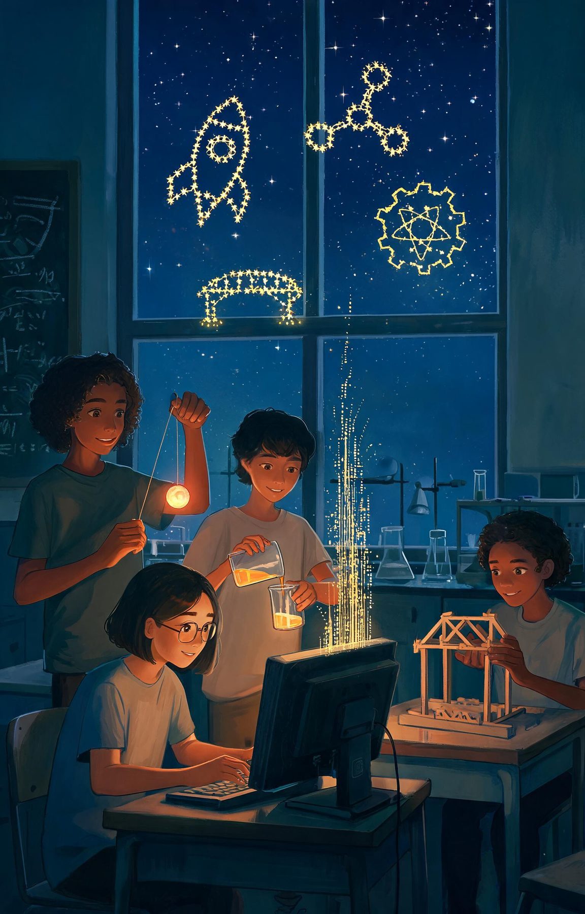 Adolescentes brasileiros num laboratório escolar à noite, iluminados por hologramas âmbar: pêndulo, béqueres, código, maquete de ponte; no céu, constelações em forma de foguete, molécula e engrenagem.