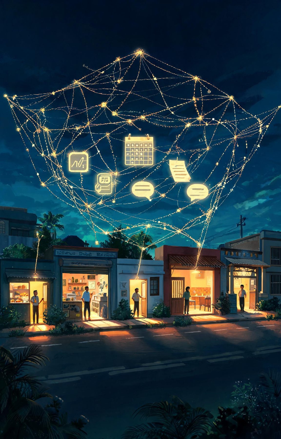 Rua de bairro brasileira ao entardecer: padaria, oficina, clínica, escritório e pousada ligados por fios de luz que formam uma grande mão aberta sobre a rua.
