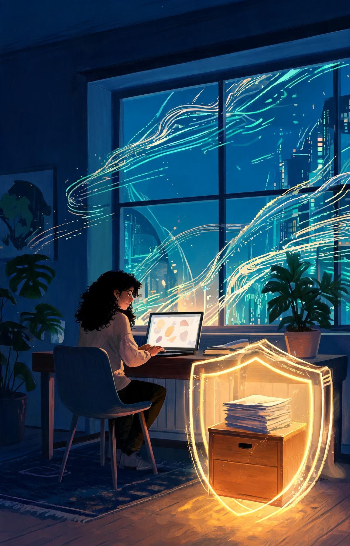 Escritório doméstico tranquilo à noite: uma mulher trabalha no notebook enquanto um baú de documentos brilha protegido por um escudo de luz dourada; o fluxo de dados da cidade contorna a casa.