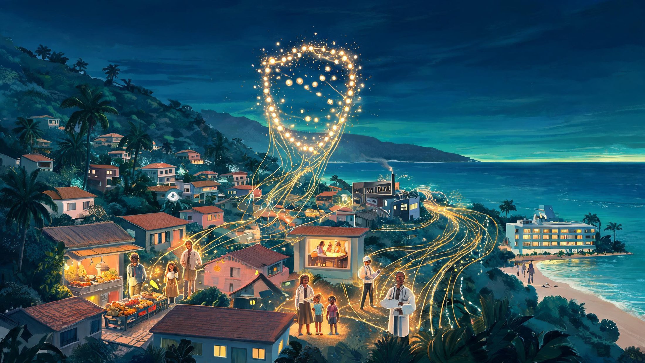 Cidade litorânea brasileira ao anoitecer ligada por fios de luz âmbar que formam um escudo no céu: comerciantes, família, médico, professora e engenheiro iluminados pela mesma rede.