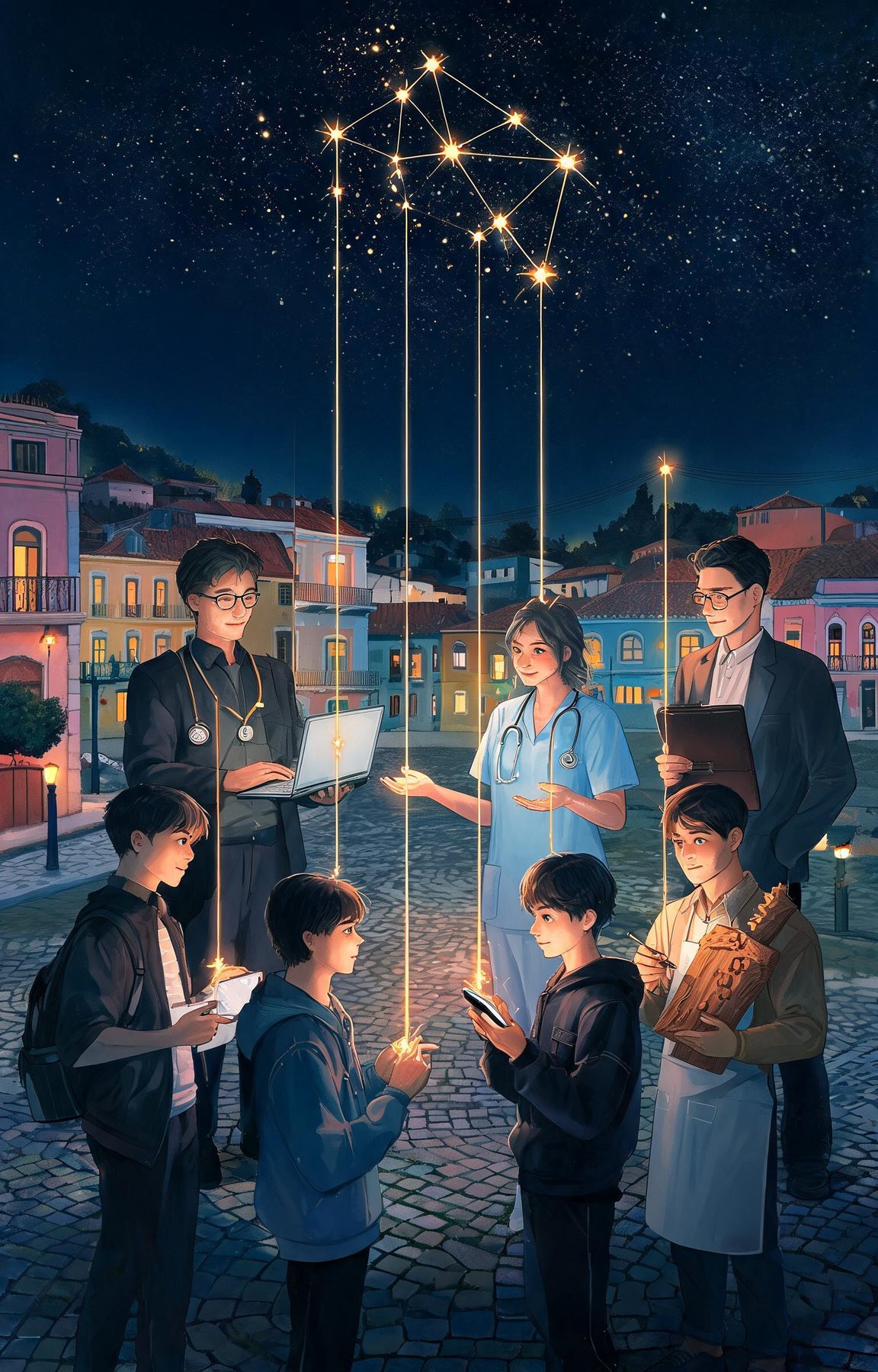 Praça brasileira ao entardecer com editores de vídeo, designers, advogada, enfermeira, jovem desenvolvedor e artesão em círculo; fios de luz descem de uma constelação e pousam em suas mãos.