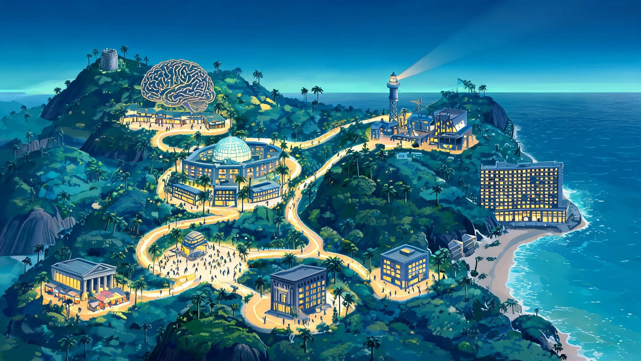 Mapa ilustrado de um vale litorâneo brasileiro ao anoitecer: escola com laboratório, rua de comércio, fórum, clínica, banco, hotel à beira-mar, estúdio de cinema, biblioteca em forma de cérebro, praça de trabalho e cofre na colina, todos ligados por estradas de luz âmbar.