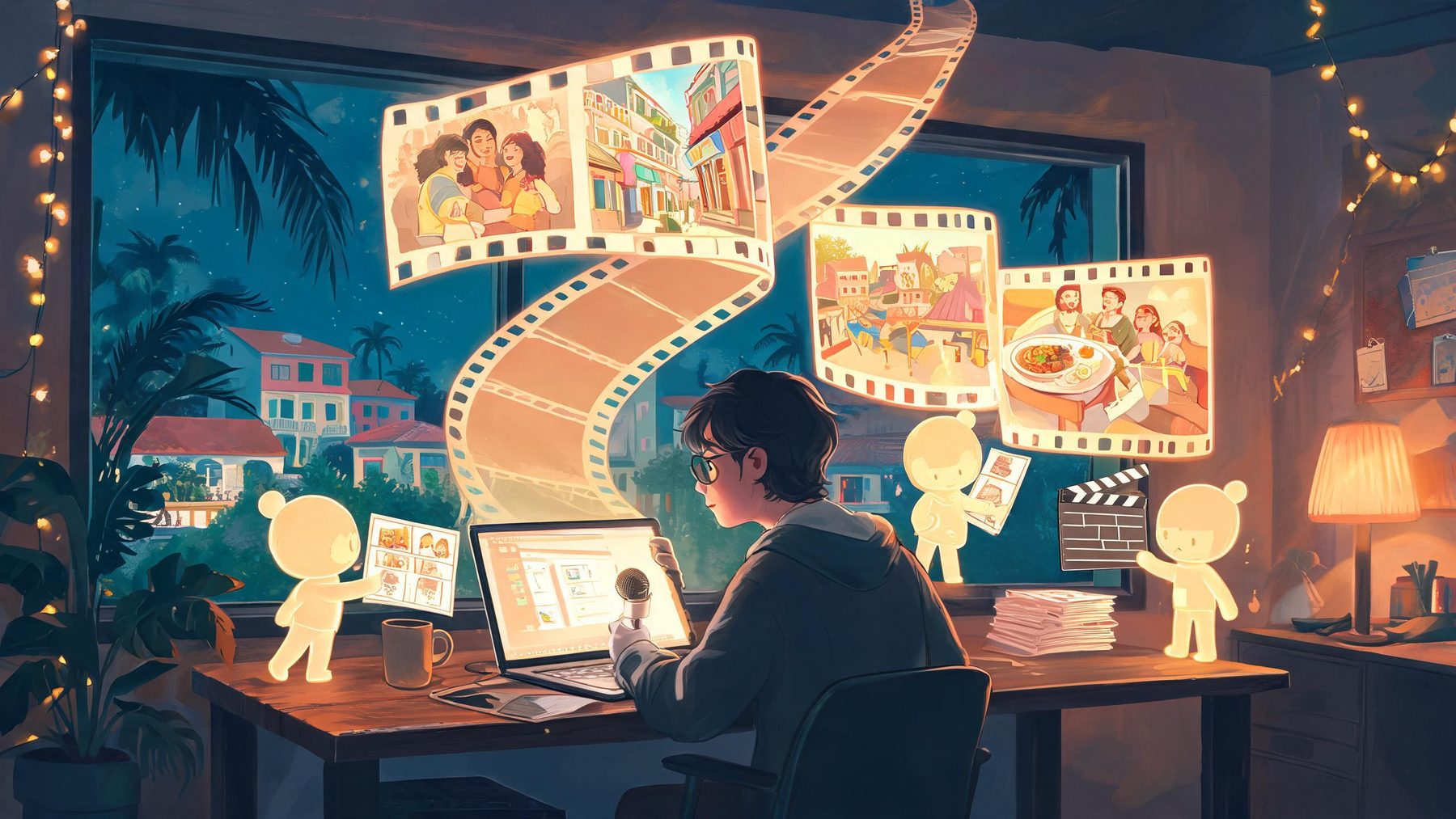 Pessoa ao notebook num estúdio caseiro à noite; da tela sobe um rio de fotogramas luminosos que vira uma cena de cinema no ar; pequenas figuras de luz entregam storyboard, microfone e claquete.