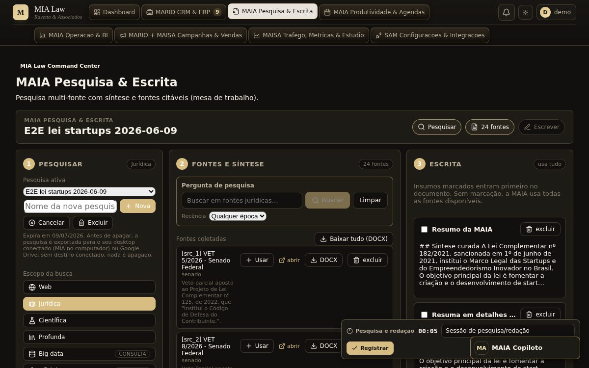 Painel do MIA Law: pesquisa multi-fonte com síntese e fontes citáveis, mesa de trabalho do escritório.