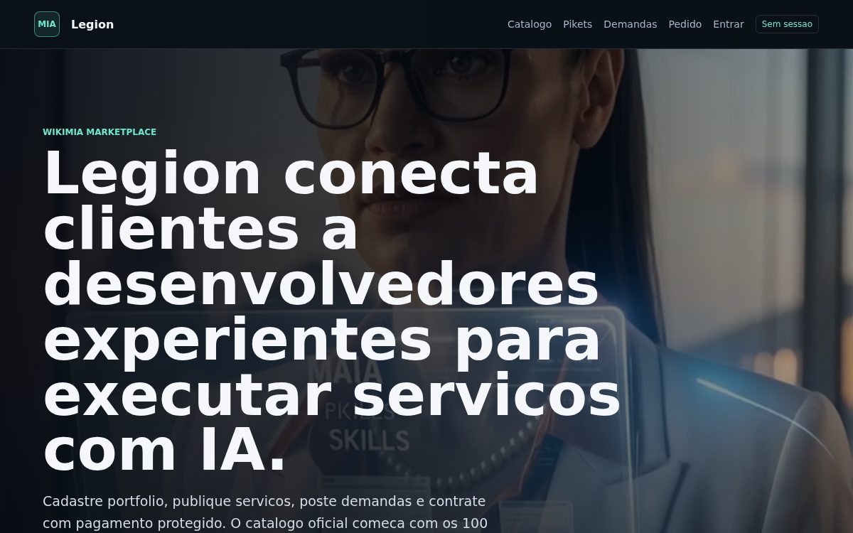 Tela da MIA Legion com profissionais, serviços e progressão da comunidade.