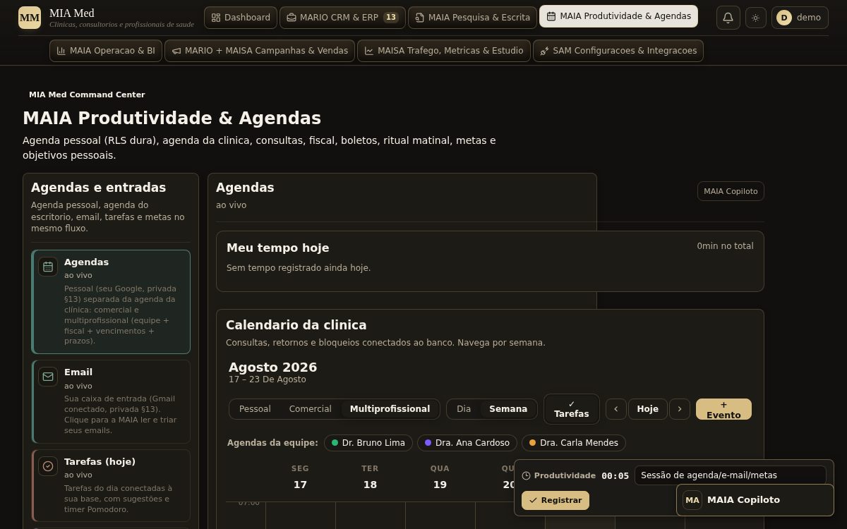 Painel do MIA Med: agenda da clínica com calendário semanal, tarefas e e-mail integrados.